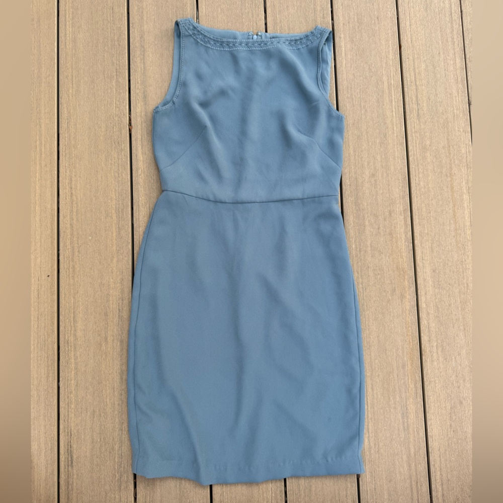 Ann Taylor Slate Blue Grey Dress — Size 0 — Vintage Embroidered High Neck